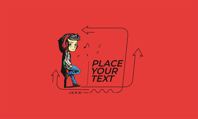 Flat linear Man listening  banner, scroll,  sticker, badge, price tag, poster.