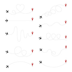 Airplane dotted path, aircraft tracking, trace or road vector illustration.Aircrafts and pins vector symbols. Airplane moving pathway, aeroplane silhouette route illustration