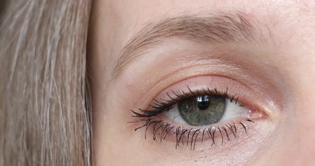 Stock video close-up of a beautiful woman s eye with mascara on eyelashes blinking fast and looking at camera. Greyish green female eye blinking at camera.