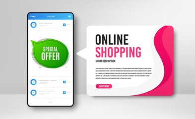 Phone banner template. Special offer bubble. Discount banner shape. Sale coupon chat icon. Social media banner with smartphone screen. Online shopping web template. Vector