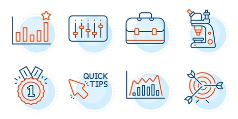 Portfolio, Target and Microscope signs. Quick tips, Dj controller and Efficacy line icons set. Approved, Infographic graph symbols. Helpful tricks, Musical device. Education set. Vector