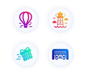 Present delivery, Air balloon and Lighthouse icons simple set. Button with halftone dots. Parking garage sign. Shopping service, Flight travel, Beacon tower. Automatic door. Transportation set. Vector
