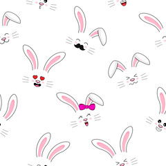 Collection of funny bunnies, seamless pattern. Set of cute rabbits. Bundle of heads of cartoon animals. Vector illustration isolated on white background.