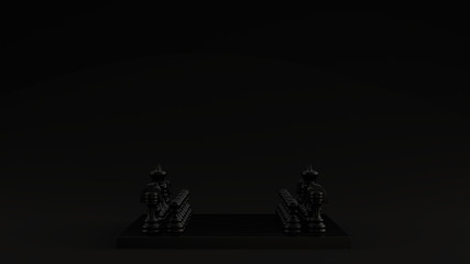 Black Chessboard and Pieces Black Background 3d illustration 3d render