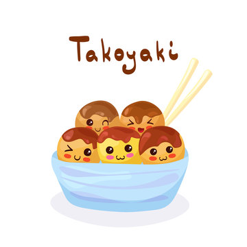 Kawaii Takoyaki - grilled puffs with octopus, vector characters isolated on white. Funny smiling balls in basket cup with chopsticks. Cute yummy seafood balls mascot illustration. Kids menu concept. 