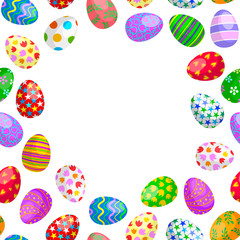 Fototapeta na wymiar Colorful Easter eggs frame, seamless pattern. Happy Easter day background. Illustration isolated on white.