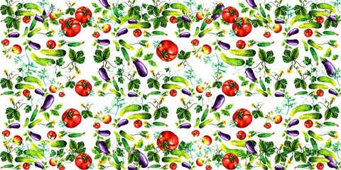 Banner Vegetables. Purple Eggplant, red tomatoes and green cucumbers. Seamless pattern (background). Abstract illustration of a tender blue-violet, red-green color on white. Textures for printing on f