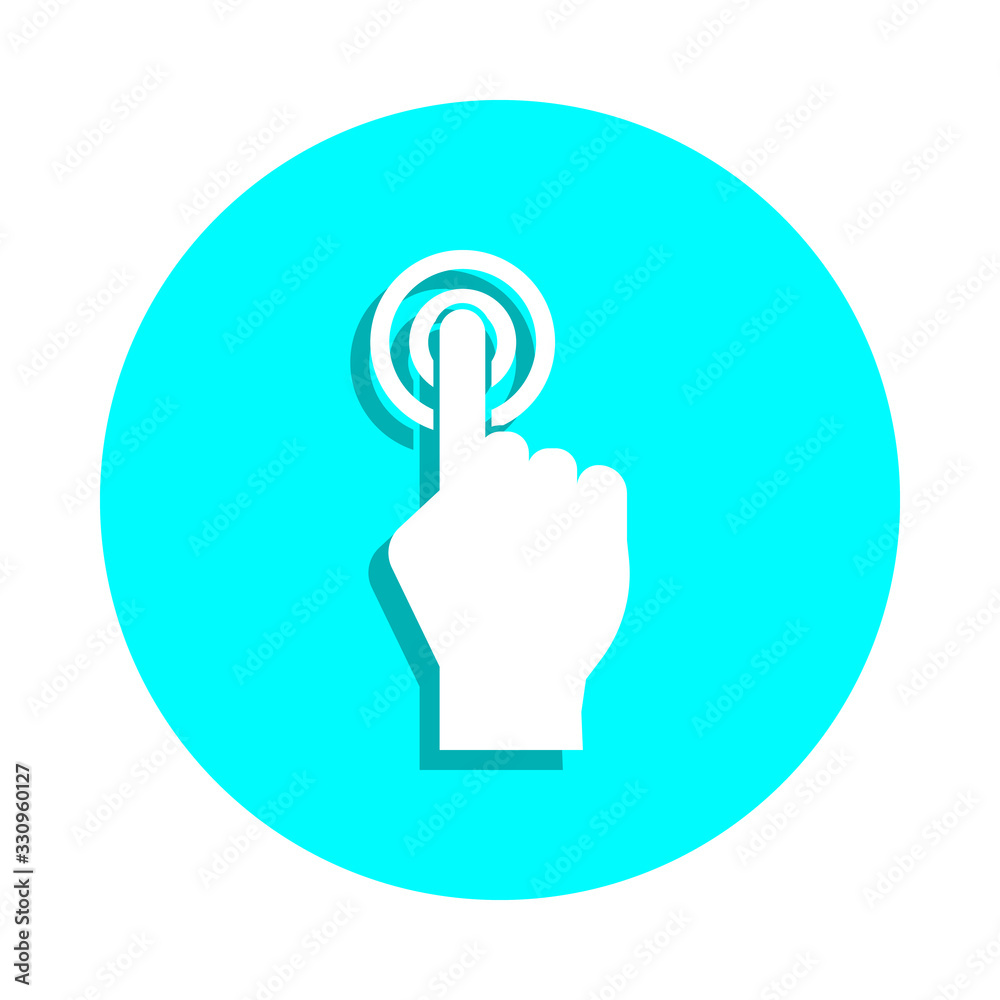 Poster finger presses the button badge icon. simple glyph, flat vector of web icons for ui and ux, website 