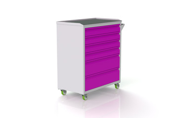 Metal tool cabinet on wheels with drawers. A convenient place for storing tools and spare parts. Metal furniture. 3D-model rendering of the table for shooting from above.