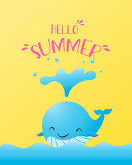 Summer poster or banner with happy whale on the sea.