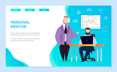 Personal mentor for man working on laptop. Male learning new material consulting with coach or tutor. Personage improving working skills on courses. Website or webpage template, landing page vector