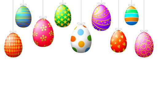 Happy Easter background with hanging Easter eggs. Illustration on white background.