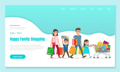 Family shopping, mother and father with bags, son carries box and daughter pushes cart or trolley, landing web page vector. Purchases and gifts, holiday sale. Parents and children in mall illustration