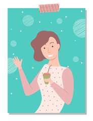 Female character vector, woman hipster style lady drinking beverage poured in plastic cup. Personage with mug coffee or tea enjoying on bokeh background