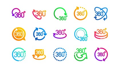 Rotate arrow, VR panoramic simulation and augmented reality. 360 degrees icons. 360 degrees virtual gaming, abstract geometry, full rotation view icons. Classic set. Gradient patterns. Vector