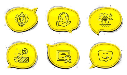 Sale sign. Diploma certificate, save planet chat bubbles. Ship travel, Yummy smile and Clown line icons set. Cruise transport, Emoticon, Funny performance. Gift box. Holidays set. Vector