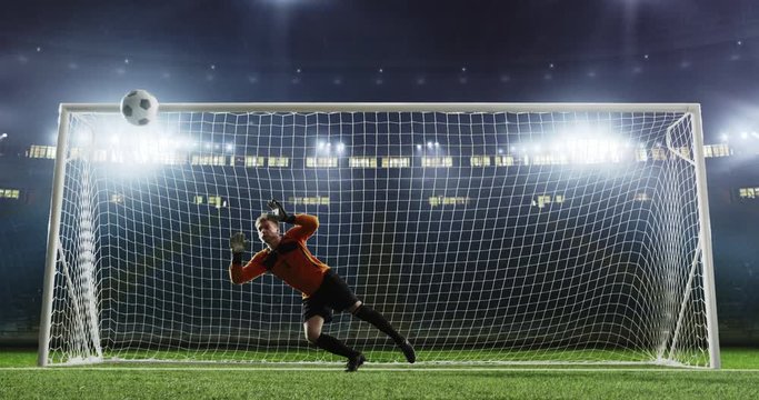 Goalkeeper fails to save from a goal on the empty soccer stadium. No spectators on the tribunes. Stadium is made in 3D.