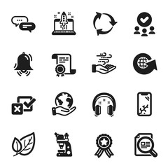 Set of Business icons, such as Check article, Recycle. Certificate, approved group, save planet. Start business, Headphones, World globe. Smartphone broken, Dots message, Microscope. Vector