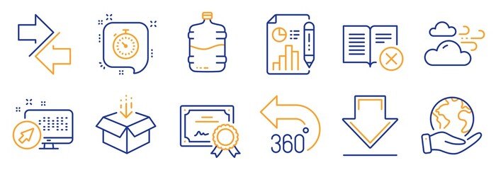 Set of Business icons, such as Cooler bottle, 360 degrees. Certificate, save planet. Report document, Timer, Downloading. Web system, Reject book, Windy weather. Vector