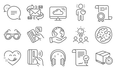 Set of Business icons, such as Credit card, Yummy smile. Diploma, ideas, save planet. Approved agreement, Contactless payment, Friend. Delivery timer, Walnut, E-mail. Vector