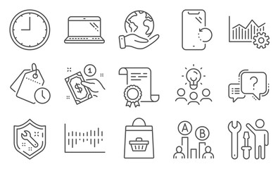 Set of Business icons, such as Operational excellence, Laptop. Diploma, ideas, save planet. Question mark, Smartphone recovery, Time management. Repairman, Time, Column diagram. Vector
