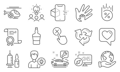 Set of Business icons, such as Person idea, Recycle. Diploma, ideas, save planet. Medical vaccination, Car service, Loan percent. Augmented reality, Web system, Medical helicopter. Vector