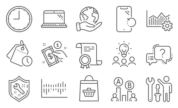 Set of Business icons, such as Operational excellence, Laptop. Diploma, ideas, save planet. Question mark, Smartphone recovery, Time management. Repairman, Time, Column diagram. Vector