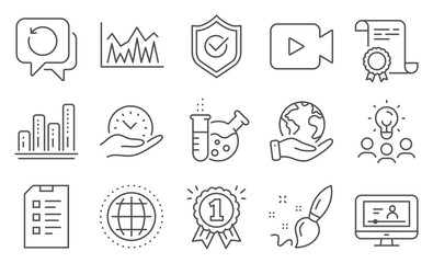 Set of Education icons, such as Checklist, Chemistry lab. Diploma, ideas, save planet. Reward, Investment, Approved shield. Globe, Online video, Paint brush. Vector