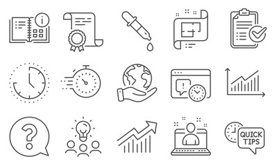 Set of Education icons, such as Instruction info, Chemistry pipette. Diploma, ideas, save planet. Quick tips, Architectural plan, Best manager. Time, Project deadline, Graph. Vector