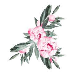 Watercolor peony clipart. Boho clipart for wedding invitations. Pink peony vintage clipart.