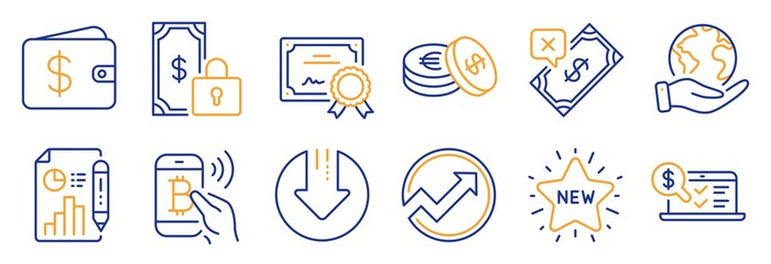 Set of Finance icons, such as Bitcoin pay, Download arrow. Certificate, save planet. Private payment, New star, Rejected payment. Savings, Dollar wallet, Online accounting. Vector