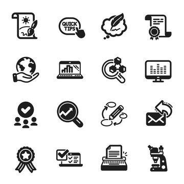 Set of Education icons, such as Keywords, Creative painting. Certificate, approved group, save planet. Chemistry lab, Typewriter, Analytics. Online survey, Share mail, Microscope. Vector