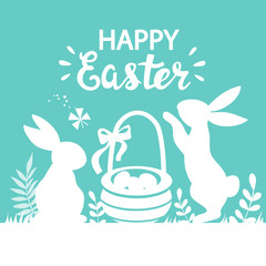 Vector illustration with white Easter bunnies, leaves and grass and the inscription Happy Easter on a blue background. Easter Greeting Card