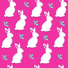 Vector illustration with white easter bunny on a raspberry background seamless pattern. Happy Easter concept