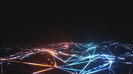 3D Rendering of abstract structure geometry wire frame. Mesh and lines in triangular shapes with depth of field effect and retro red blue light bokeh. Concept for technology or science background