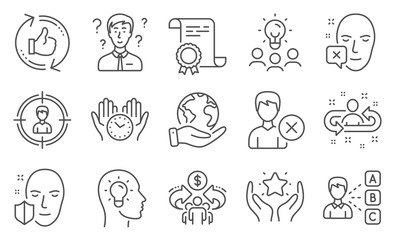 Set of People icons, such as Safe time, Sharing economy. Diploma, ideas, save planet. Ranking, Face protection, Support consultant. Remove account, Headhunting, Recruitment. Vector