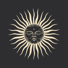 Vector illustration set of moon phases. Different stages of moonlight activity in vintage engraving style. Zodiac Signs