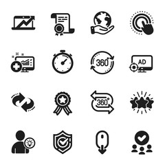 Set of Technology icons, such as Click hand, Star. Certificate, approved group, save planet. Full rotation, Confirmed, 360 degree. Seo adblock, User idea, Timer. Vector
