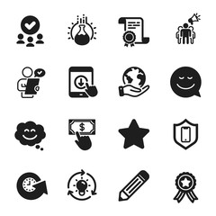 Set of Technology icons, such as Pencil, Idea. Certificate, approved group, save planet. Scroll down, Smile, Smile chat. Customer survey, Chemistry experiment, Update time. Vector