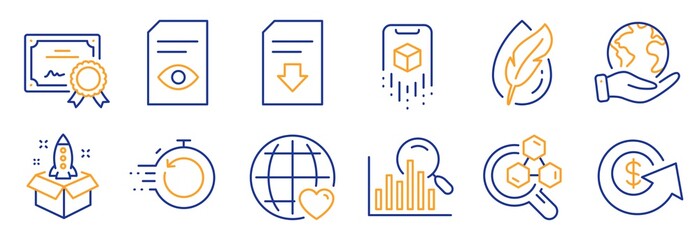 Set of Technology icons, such as Startup, Chemistry lab. Certificate, save planet. Augmented reality, International love, Hypoallergenic tested. Download file, Fast recovery, View document. Vector