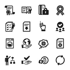 Set of Technology icons, such as Touchscreen gesture, Washing machine. Certificate, approved group, save planet. Download file, Dermatologically tested, Survey checklist. Vector