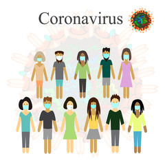 Coronavirus. Coronavirus infection COVID 19. Protective masked people. Cough icon. Virus structure. Infographics. Vector illustration on isolated background.