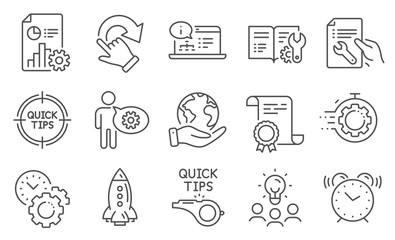 Set of Technology icons, such as Tutorials, Cogwheel. Diploma, ideas, save planet. Repair document, Tips, Online documentation. Engineering documentation, Seo timer, Rotation gesture. Vector