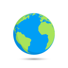 Earth globe isolated on white background. World map applied to the globe. Flat style
