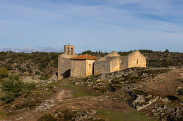 Ruins of the church "Santa Maria do Castelo" inside of the castle complex in Castelo Mendo. Castelo Mendo is one of the historical villages of Portugal, located in Guarda district, Portugal