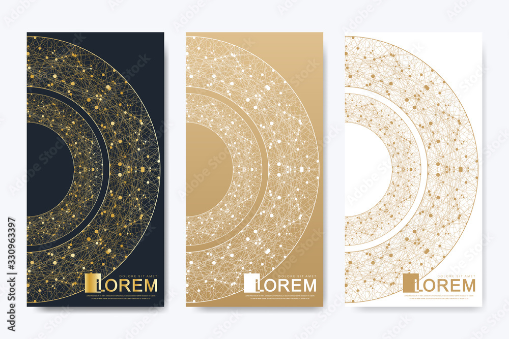 Aufkleber Modern set of vector flyers. Geometric abstract presentation with golden mandala. Molecule and communication background for medicine, science, technology, chemistry.