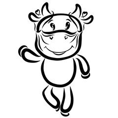 funny bull in a funny medical mask walks and waves his hand