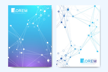 Modern vector template for brochure, leaflet, flyer, cover, catalog in A4 size. DNA helix, DNA strand, molecule or atom, neurons. Abstract structure for Science or medical background