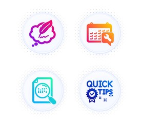 Spanner, Copyright chat and Search file icons simple set. Button with halftone dots. Quick tips sign. Repair service, Speech bubble, Find document. Helpful tricks. Technology set. Vector