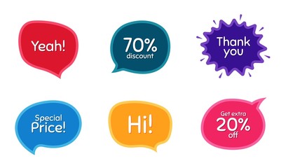 Special price, 70% discount and extra 20% off. Colorful chat bubbles. Thank you phrase. Sale shopping text. Chat messages with phrases. Texting thought bubbles. Vector